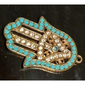 Hamsa Hand Evil Eye Gold Tone Blue Clear Rhinestones Beads 1" Pendant‎ Charm
